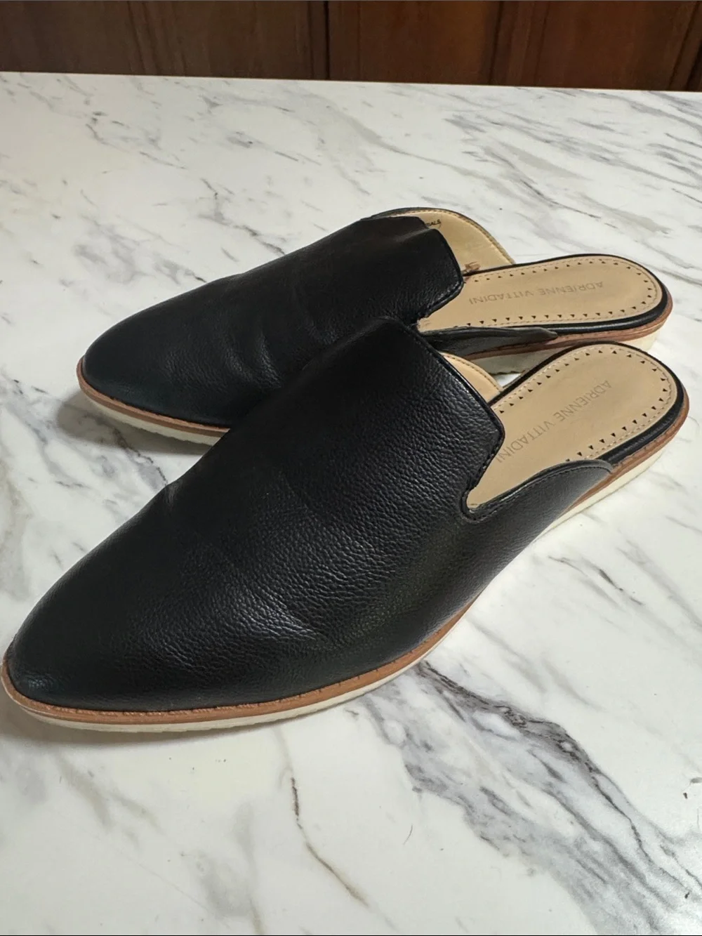 Adrienne Vittadini Black Pointed Leather Slip-On Mules